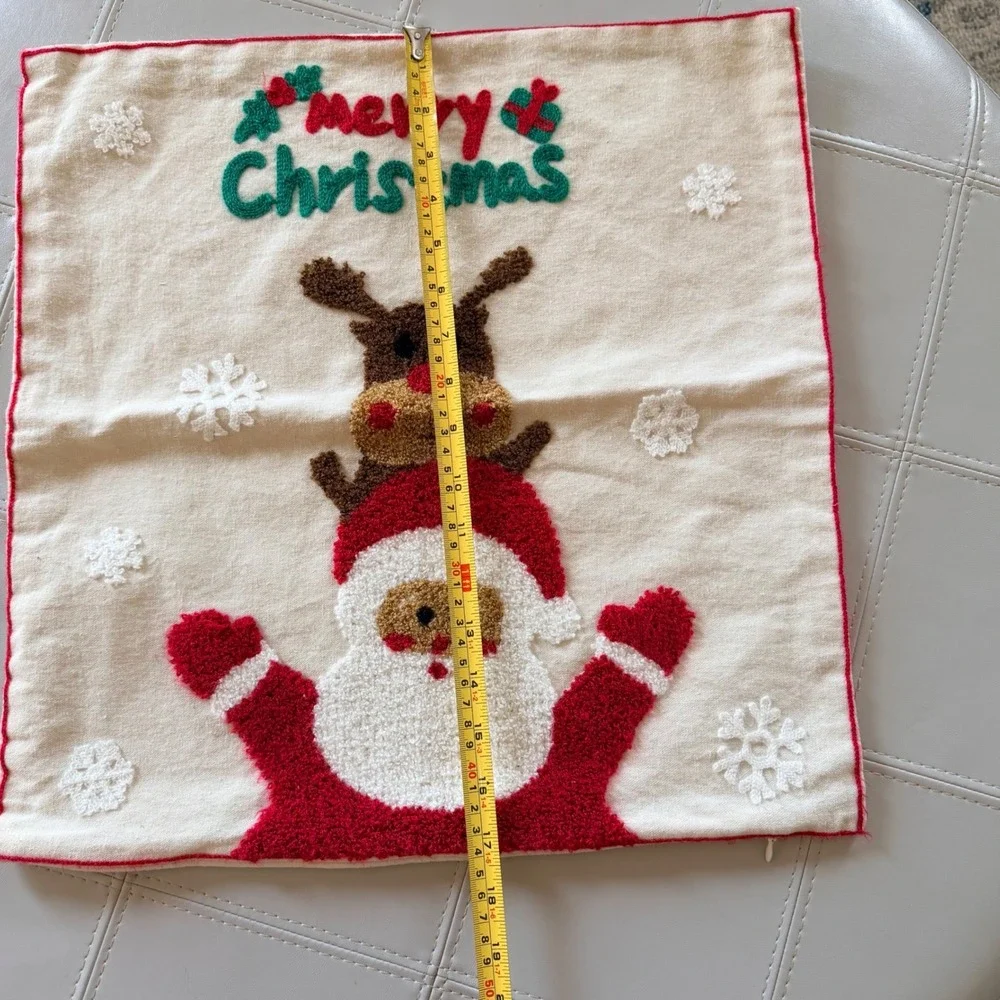 Christmas Pillow Covers Set of 2 Cream Santa Reindeer Tufted 17x17 Farmhouse